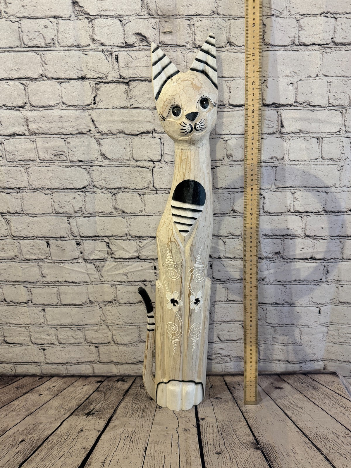 80cm White Flower Wooden Shabby Cat Statue Ornament Fair Trade Handcarved5