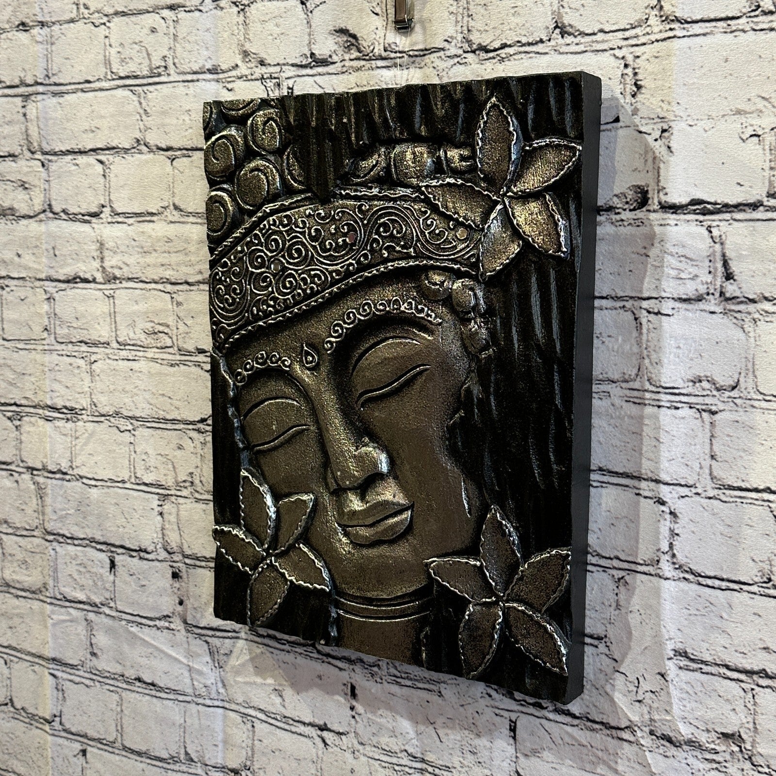 Wooden Wood Panel 40cm Brown Silver Buddha Hibiscus Wall Art Plaque Handcarved1