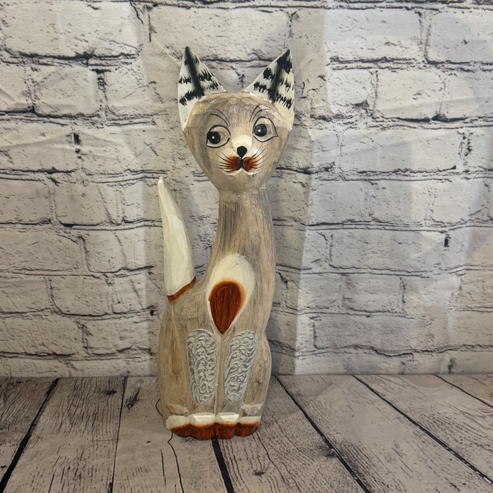 40cm White Dots Wooden Shabby Cat Statue Ornament Fair Trade Handcarved0