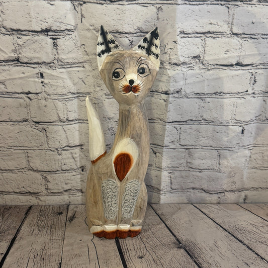 40cm White Dots Wooden Shabby Cat Statue Ornament Fair Trade Handcarved0