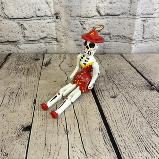 10cm Red Day Of The Dead Lady Sitting Animal, Wooden Shelf Ornament Fairtrade0