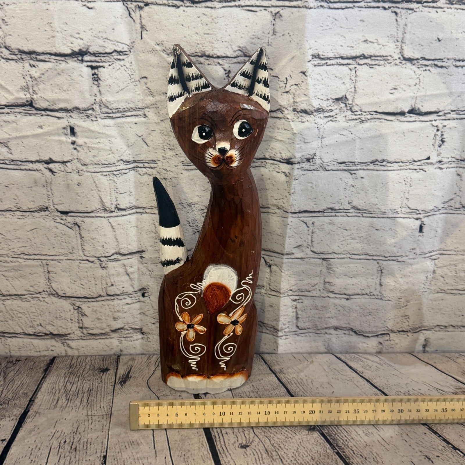 40cm Brown Flower Wooden Shabby Cat Statue Ornament Fair Trade Handcarved6