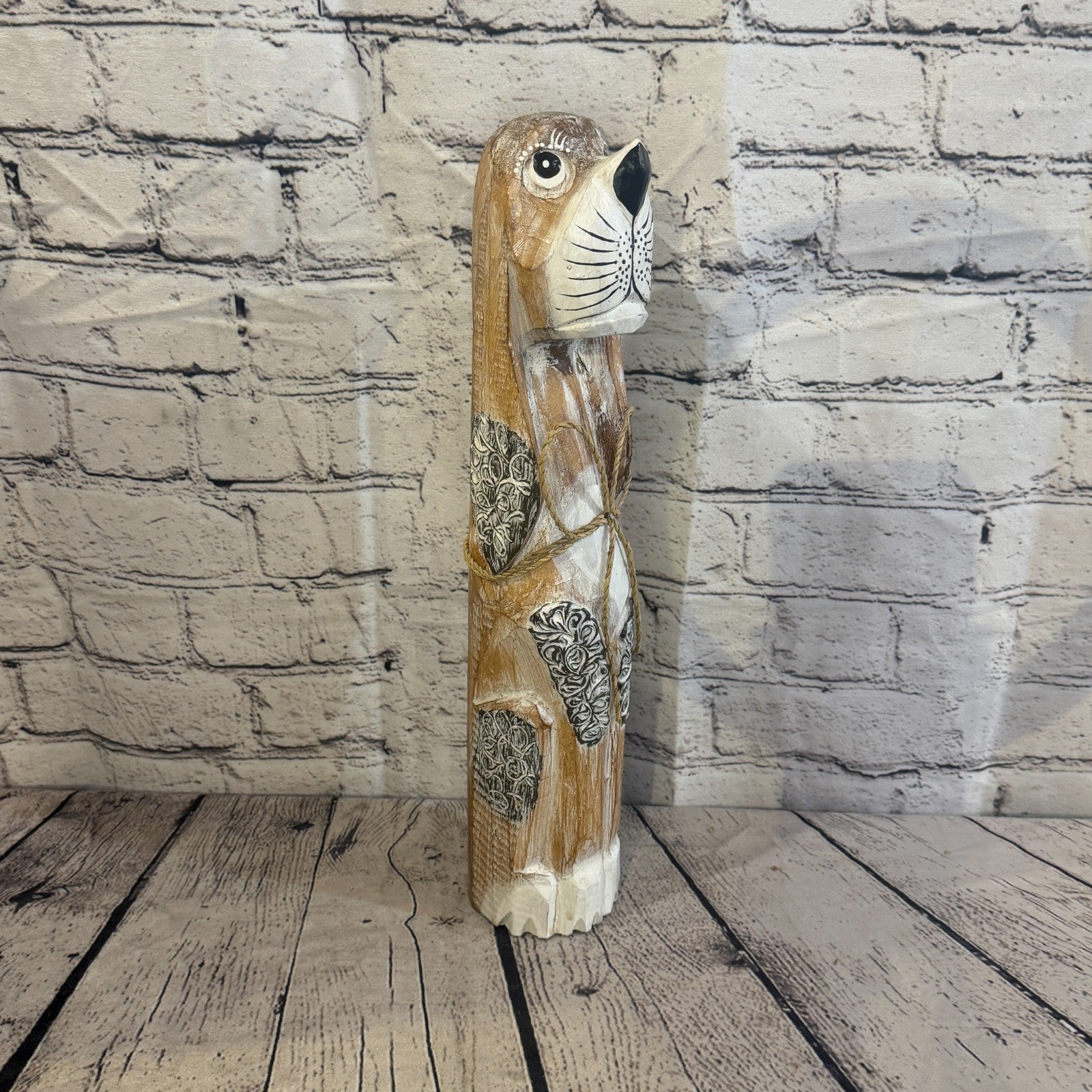 40cm Light Brown Wooden Shabby Dog Statue Ornament Fair Trade Handcarved2