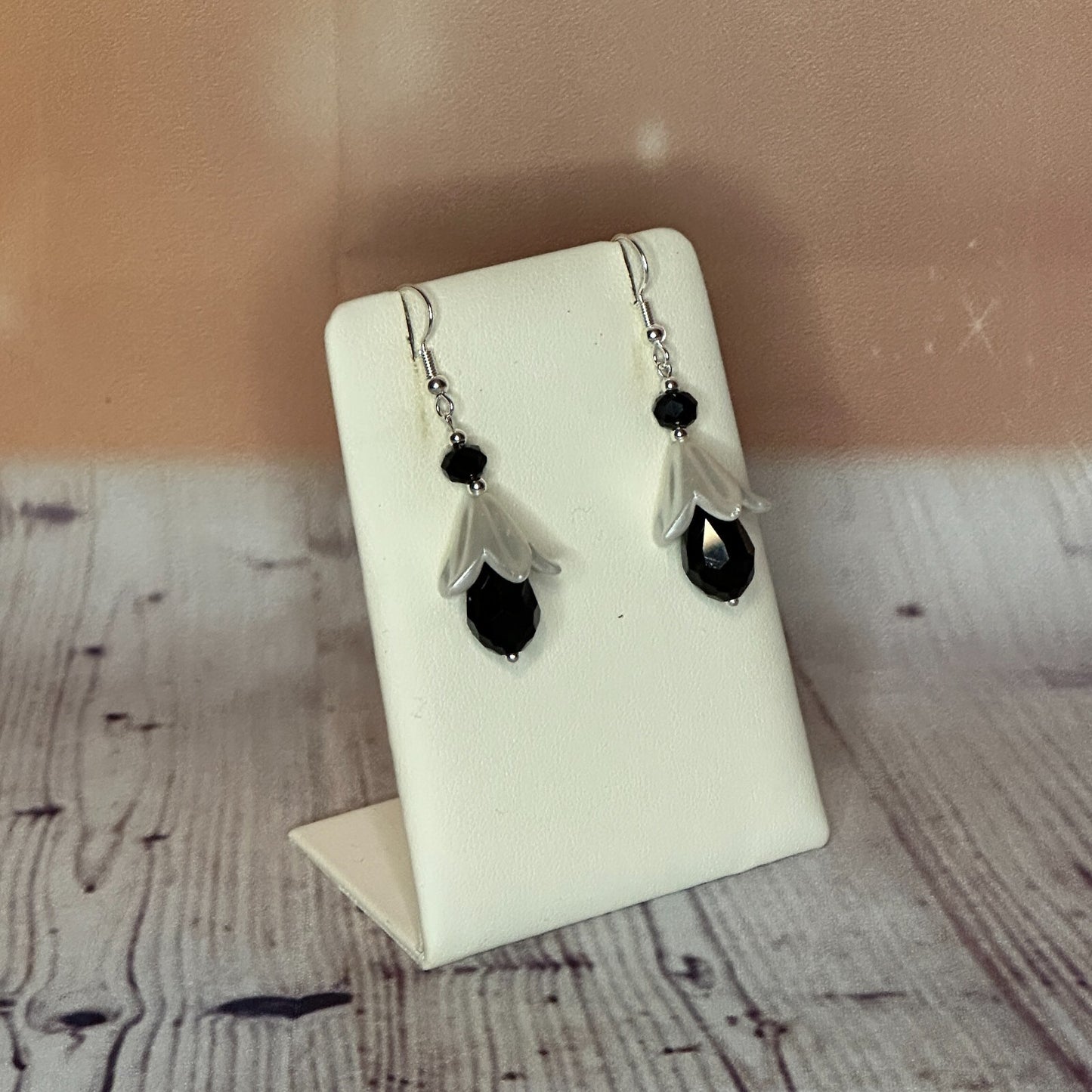 Black Drop Crystal Lily Flower With Dangle Drop Earrings Handmade UK Jewellery2