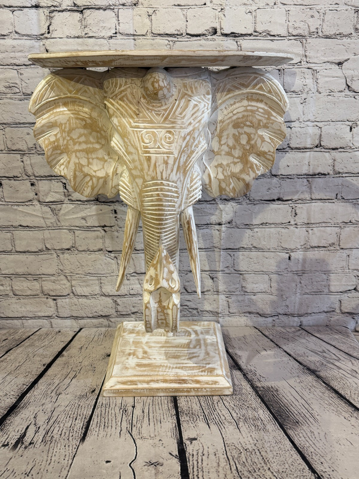 50cm x 45cm White Carved Wood Elephant Head Shelf Wall Mounted Art Large Shabby4