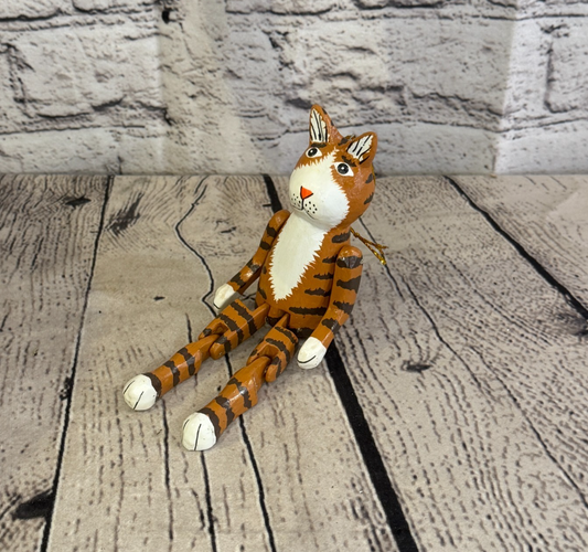 10cm Brown Tabby Cat Sitting Animal, Wooden Shelf Ornament Handmade Fairtrade0