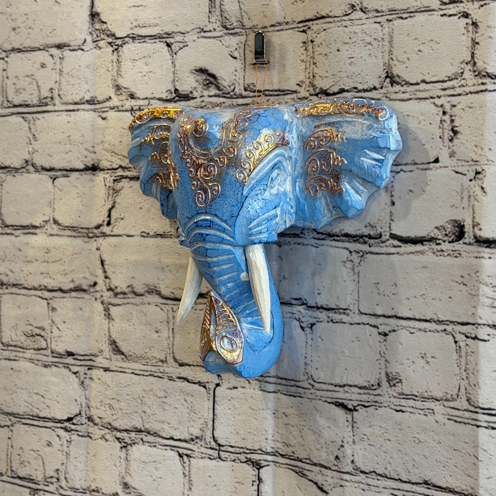20cm x 20cm Blue Gold Painted Wood Elephant Head Wall Mounted Art Shabby1