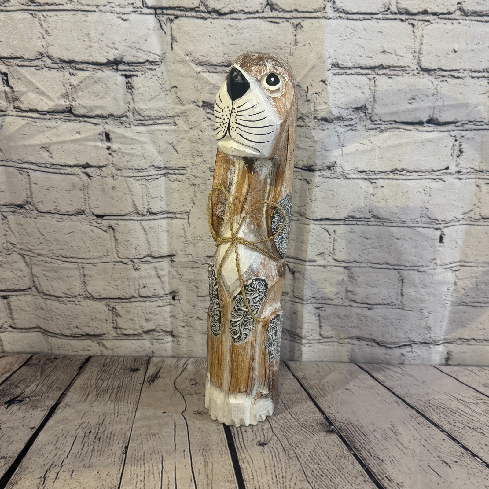 40cm Light Brown Wooden Shabby Dog Statue Ornament Fair Trade Handcarved0