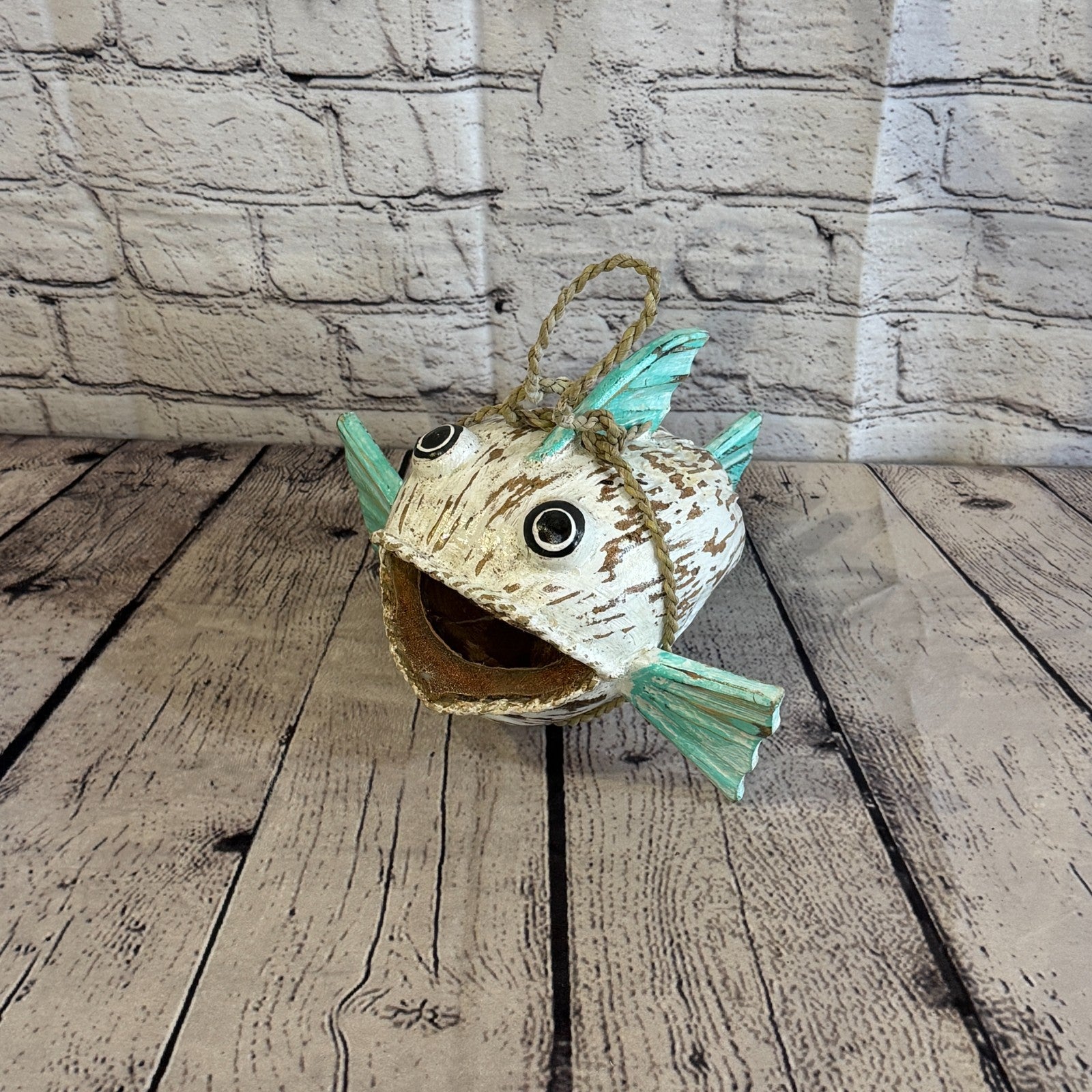 White Green Fins Folk Art Painted Shark Fish Coconut Shell Ornaments Hanging1