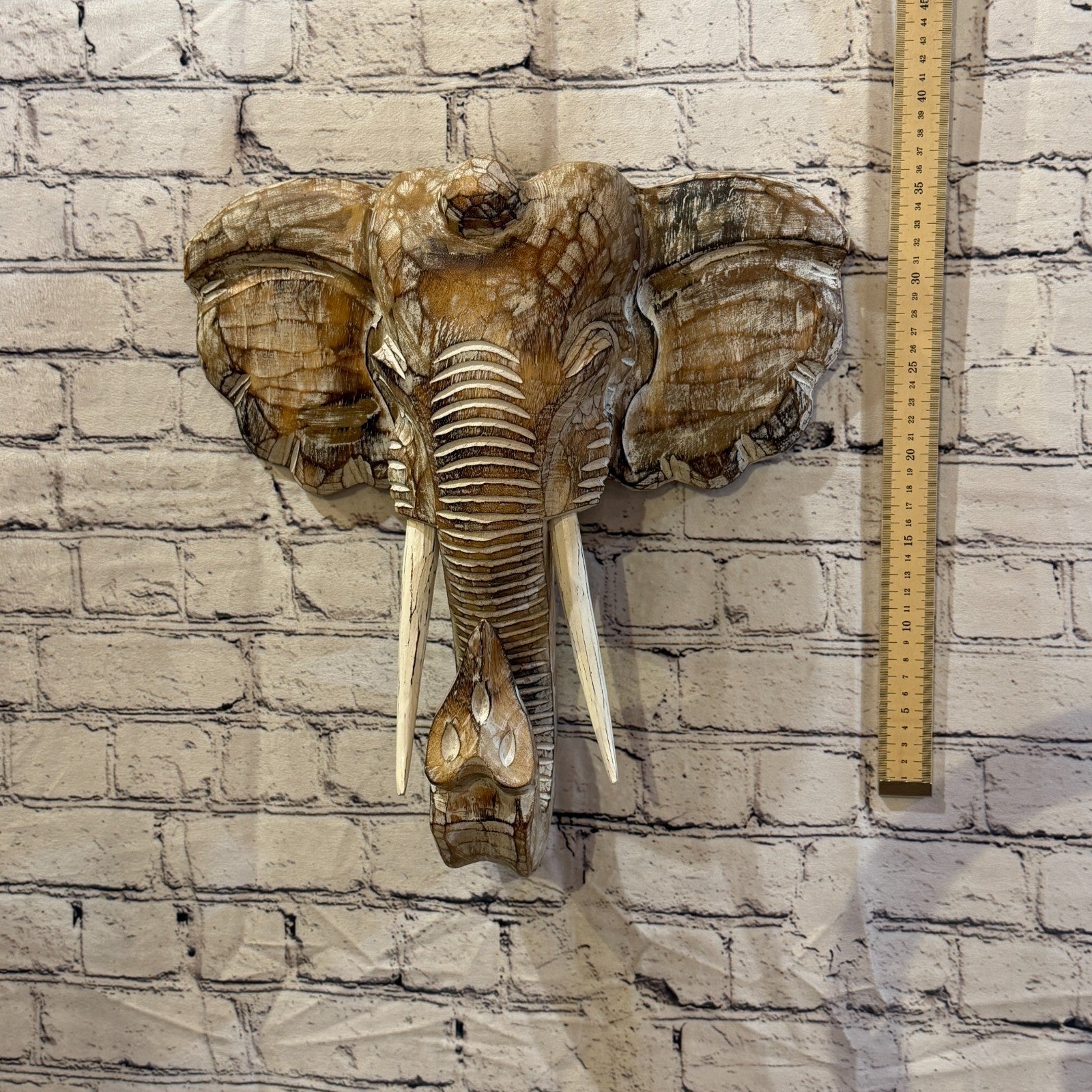 35cm x 35cm Plain Brown Painted Wood Elephant Head Wall Mounted Art Shabby4