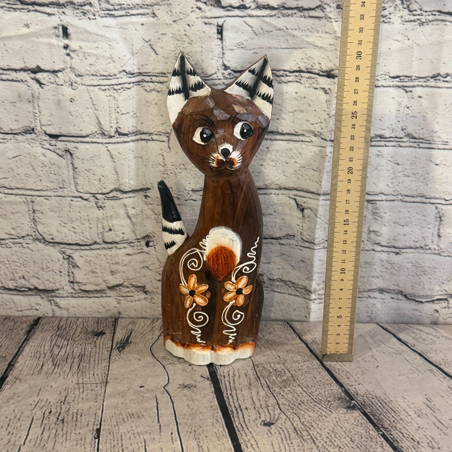 30cm Brown Flower Wooden Shabby Cat Statue Ornament Fair Trade Handcarved5