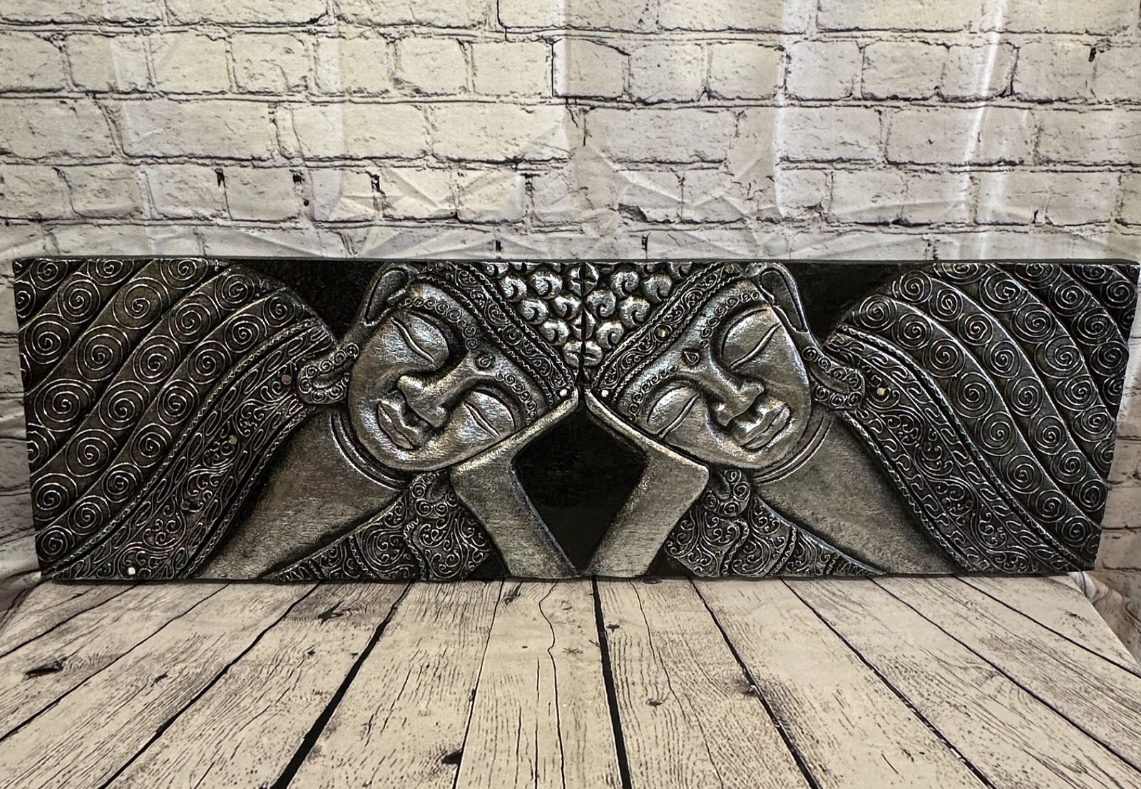 100cm x 30cm Buddha 2 Faces Silver Wooden Wood Panel Wall Art Plaque Handcarved0