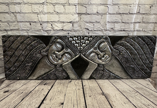 100cm x 30cm Buddha 2 Faces Silver Wooden Wood Panel Wall Art Plaque Handcarved0