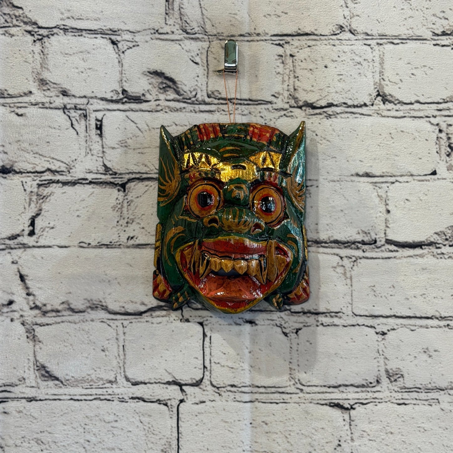 Small Wooden Green Barong Wall Mask 12cm x 12cm Handmade And Fairtrade Hindu2
