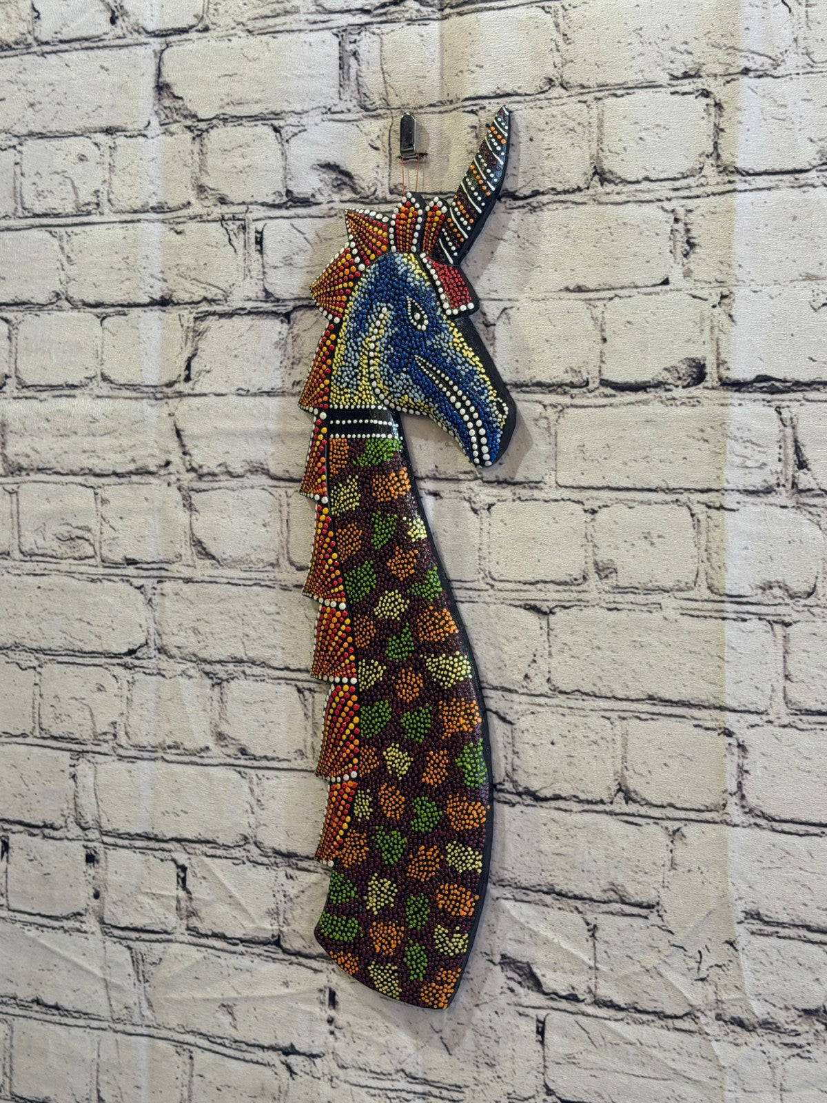 45cm Unicorn Carved Wooden Dot Painted Ethnic Tribal Tiki Wall Art No 41