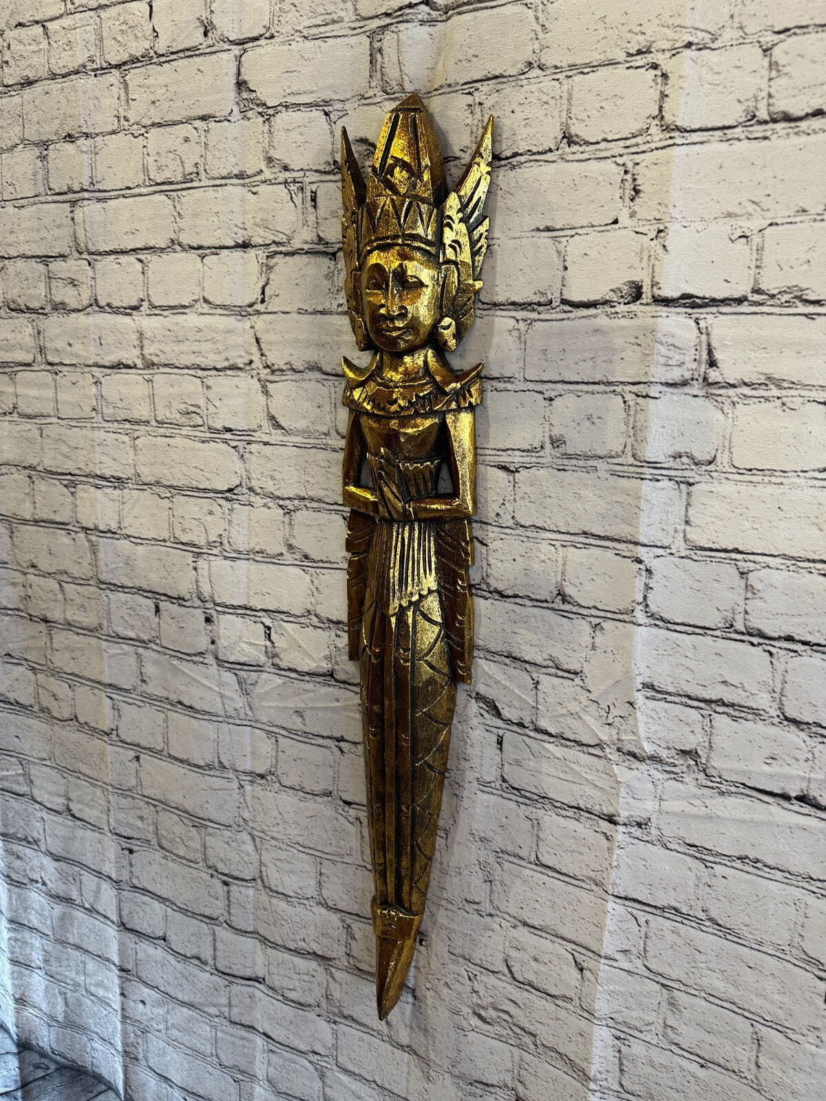 Gold Antique Colour Sita Dewi Bali Rice Goddess Wings Mermaid Wood 80cm Pair2