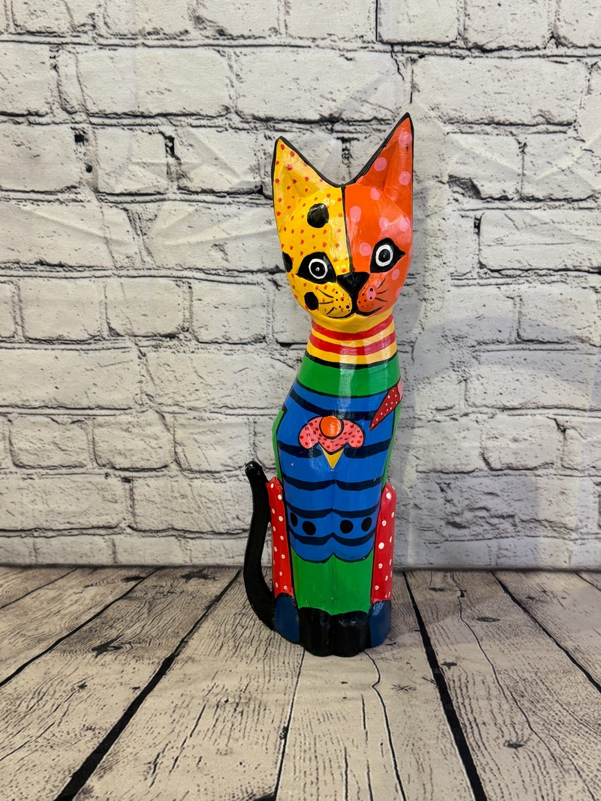 40cm Bright Mix Flower Wooden Shabby Cat Statue Ornament Fair Trade Handcarved0