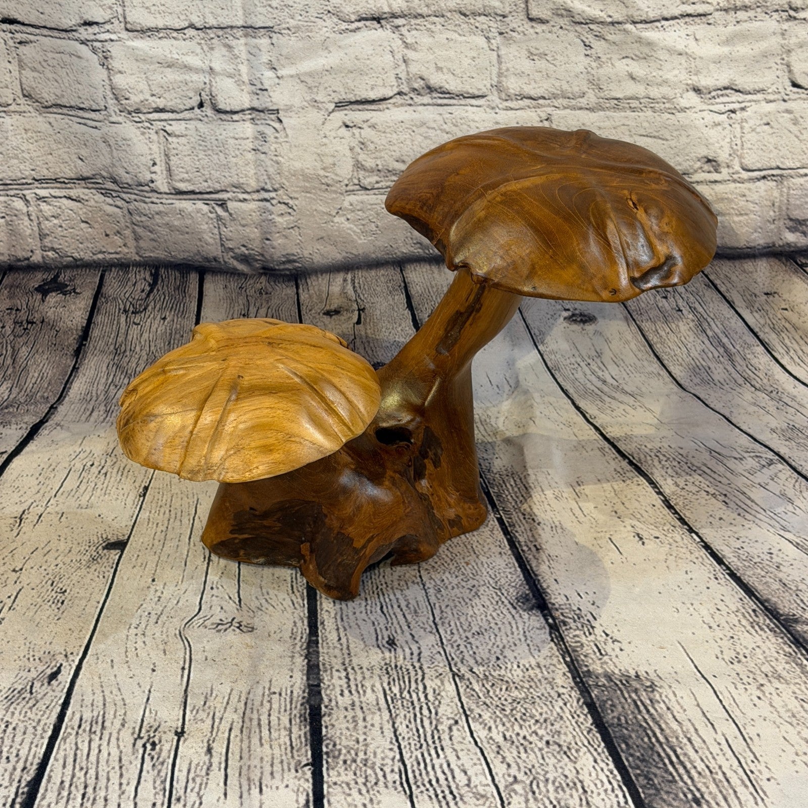 30cm x 35cm Double Wooden Mushroom Toadstool Sculpture Garden Teak Root Ornament0