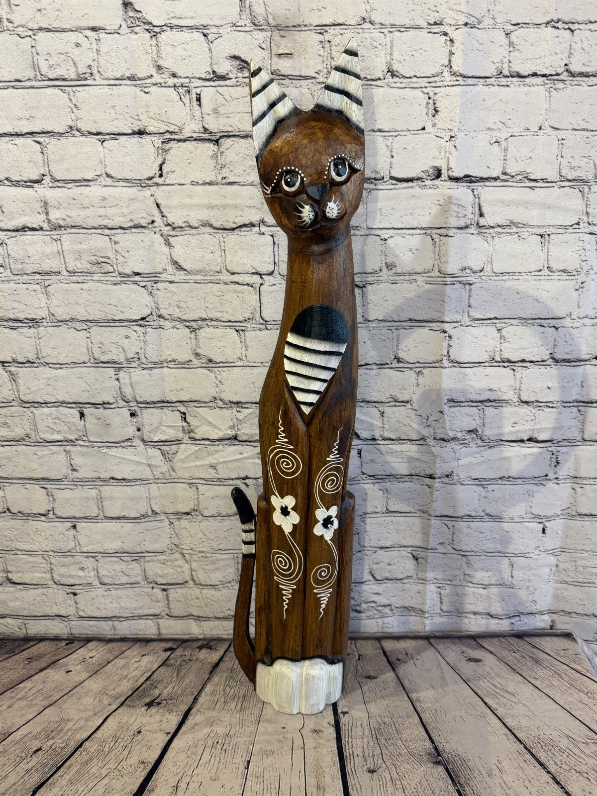 80cm Brown Flower Wooden Shabby Cat Statue Ornament Fair Trade Handcarved0