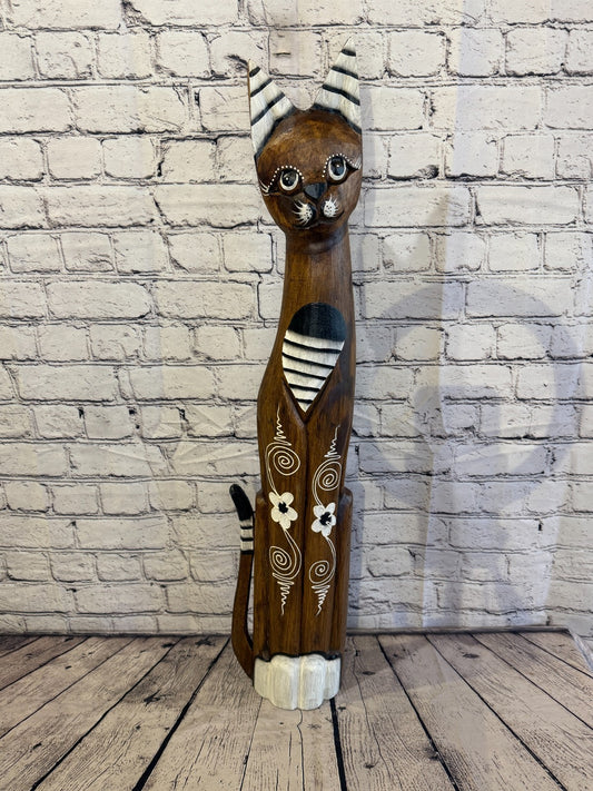 80cm Brown Flower Wooden Shabby Cat Statue Ornament Fair Trade Handcarved0