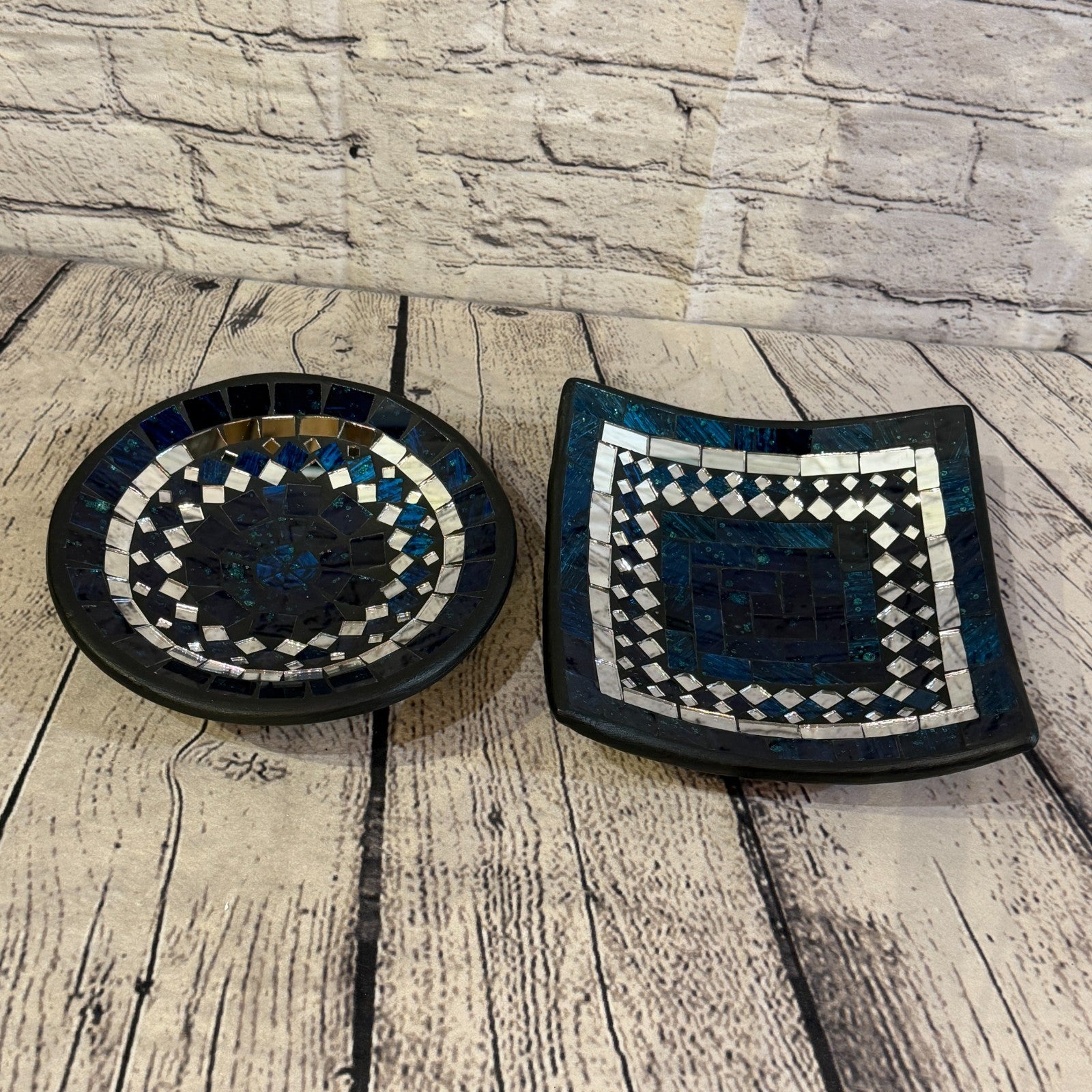 20cm Indigo Blue Square Mirror Mosaic Handmade Ceramic Glass Tile Bowl Fruit5