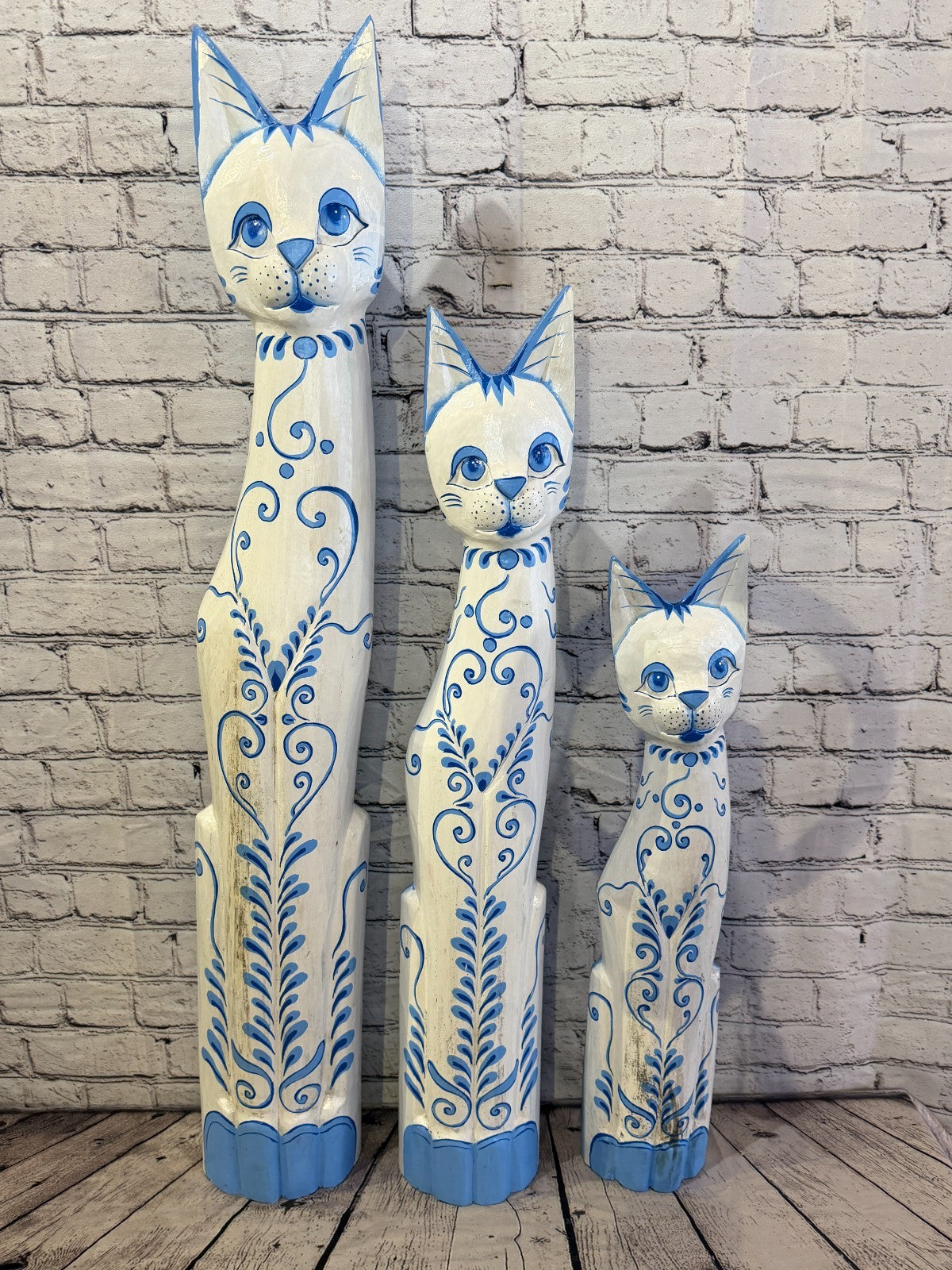 100cm Blue White Flower Wooden Shabby Cat Statue Ornament Fair Trade Handcarved8