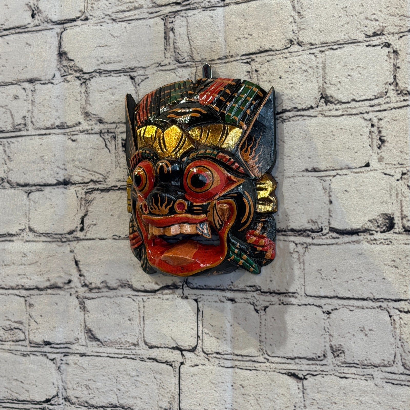 Large Wooden Black Barong Wall Mask 20cm x 20cm Handmade And Fairtrade Hindu1