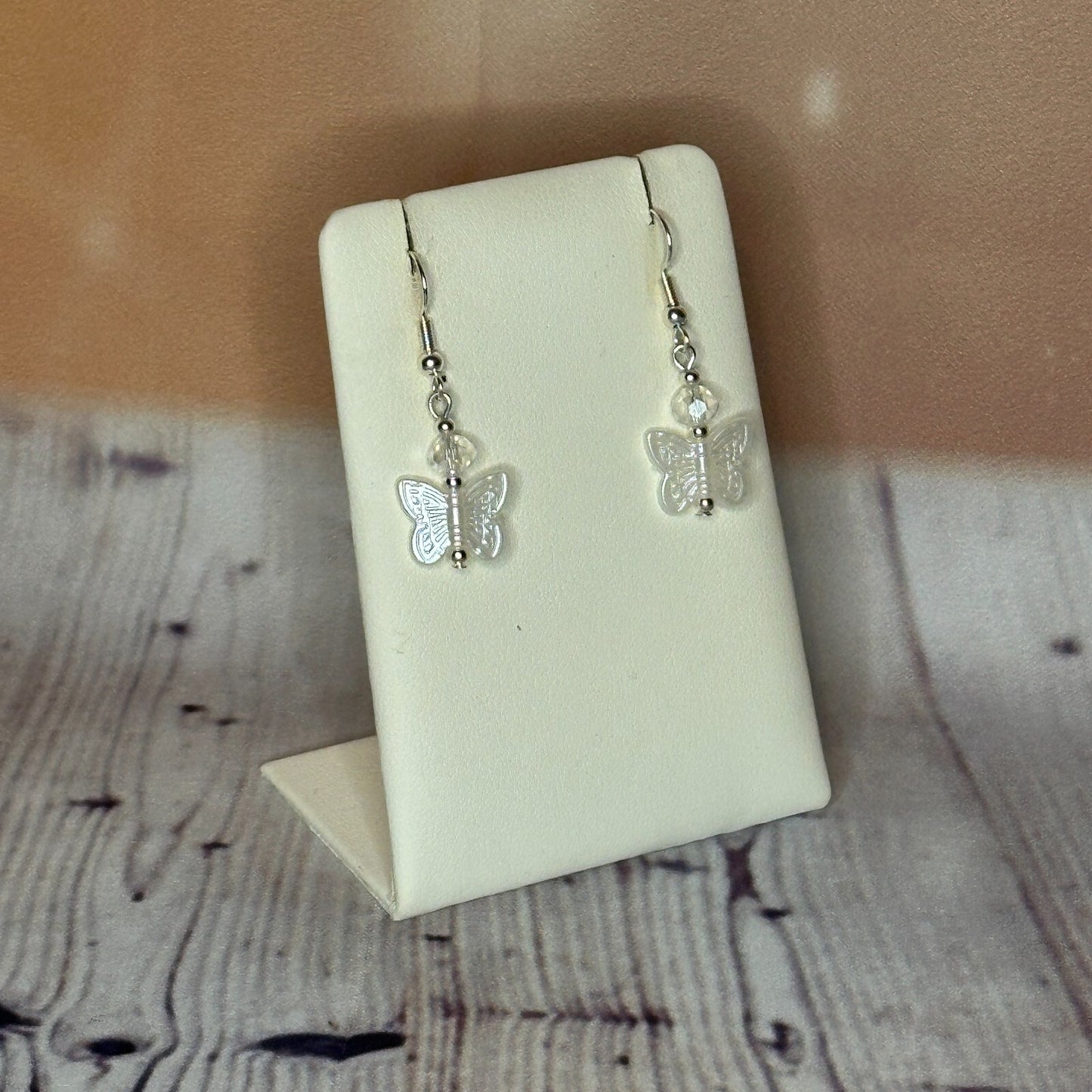 White Crystal And White Butterfly Dangle Drop Earrings Handmade UK Jewellery2