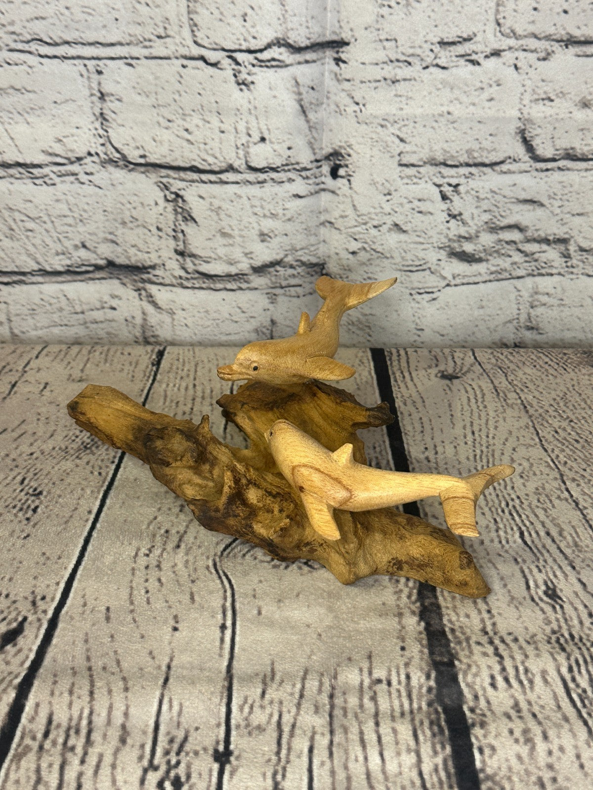 20cm Double Dolphin Mushroom Parasite Ornament Natural Carving Fairtrade Wooden1