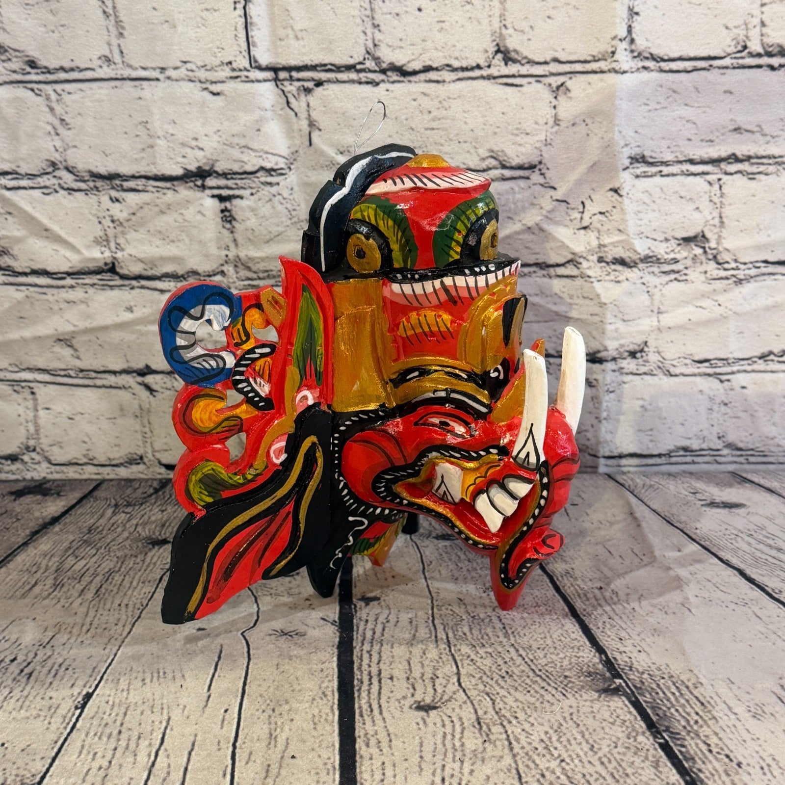 25cm Ganash Ganesha Red Elephant Hindu Deity Wooden Hand Carved Mask Painted4