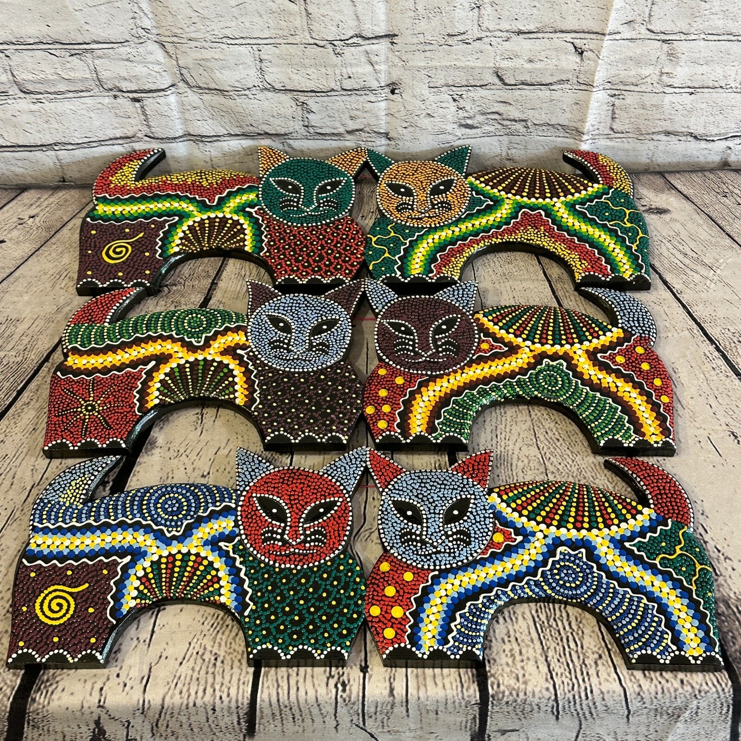 50cm 2 Cats Carved Wooden Dot Painted Ethnic Tribal Tiki Wall Art Handmade No 36