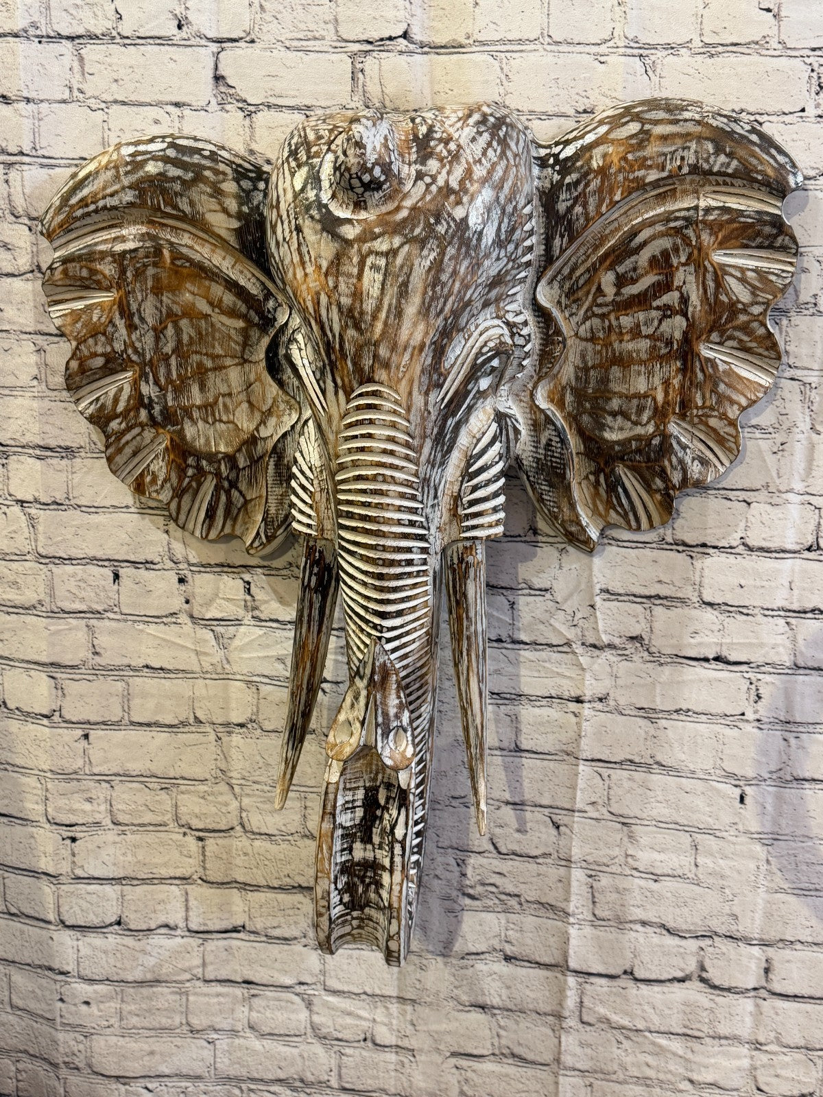80cm x 65cm Brown Carved Wood Elephant Head Wall Mounted Art Large Shabby2