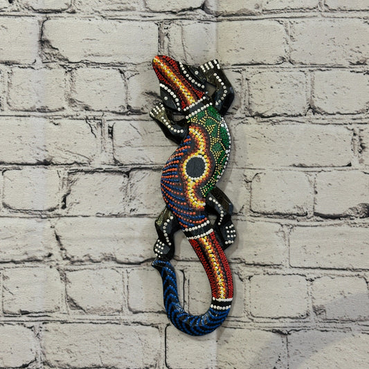 30cm Gecko Carved Wooden Dot Painted Ethnic Tribal Tiki Wall Handmade No 10