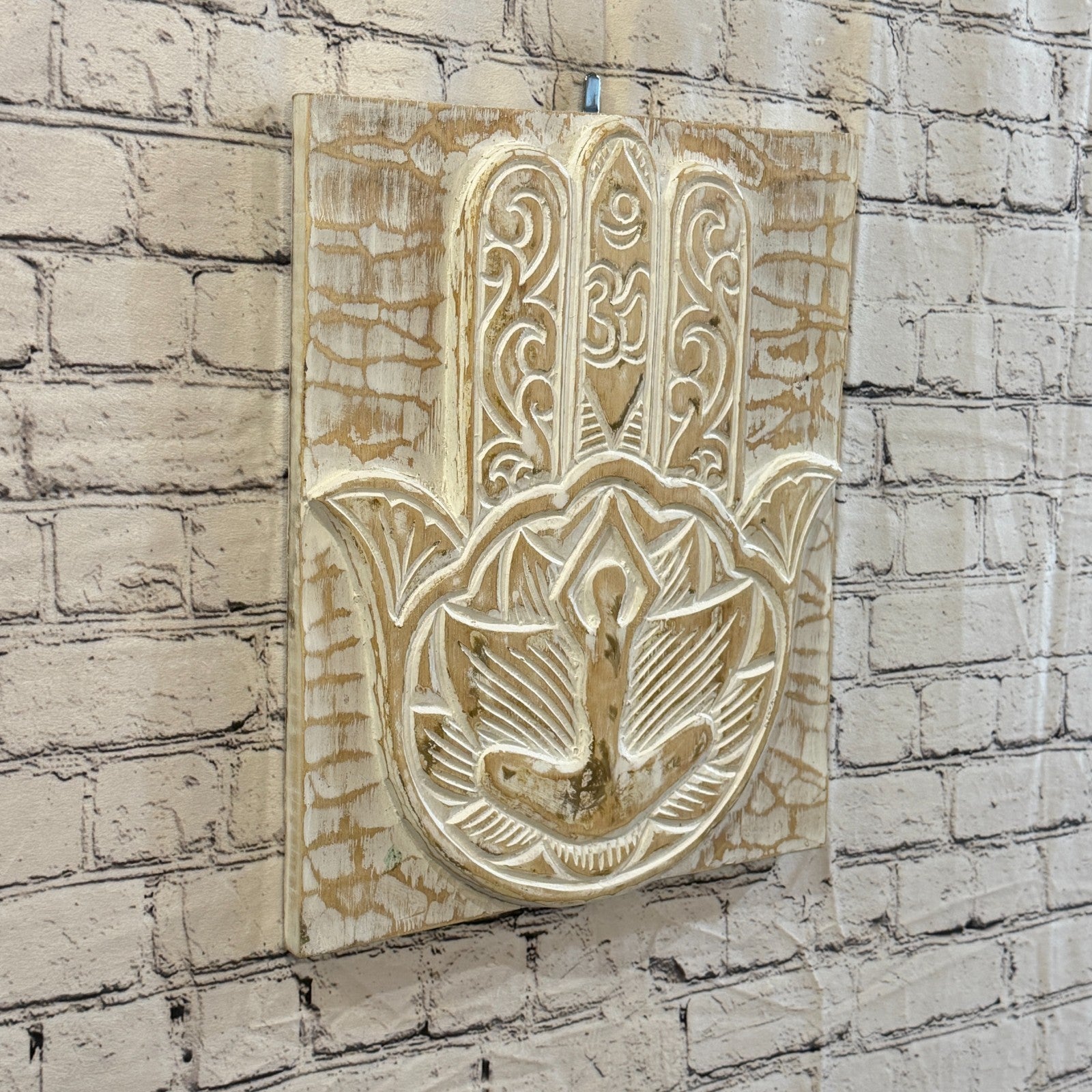 40cm x 35cm Hand Of Fatima White Wooden Wood Panel Wall Art Plaque Handcarved0