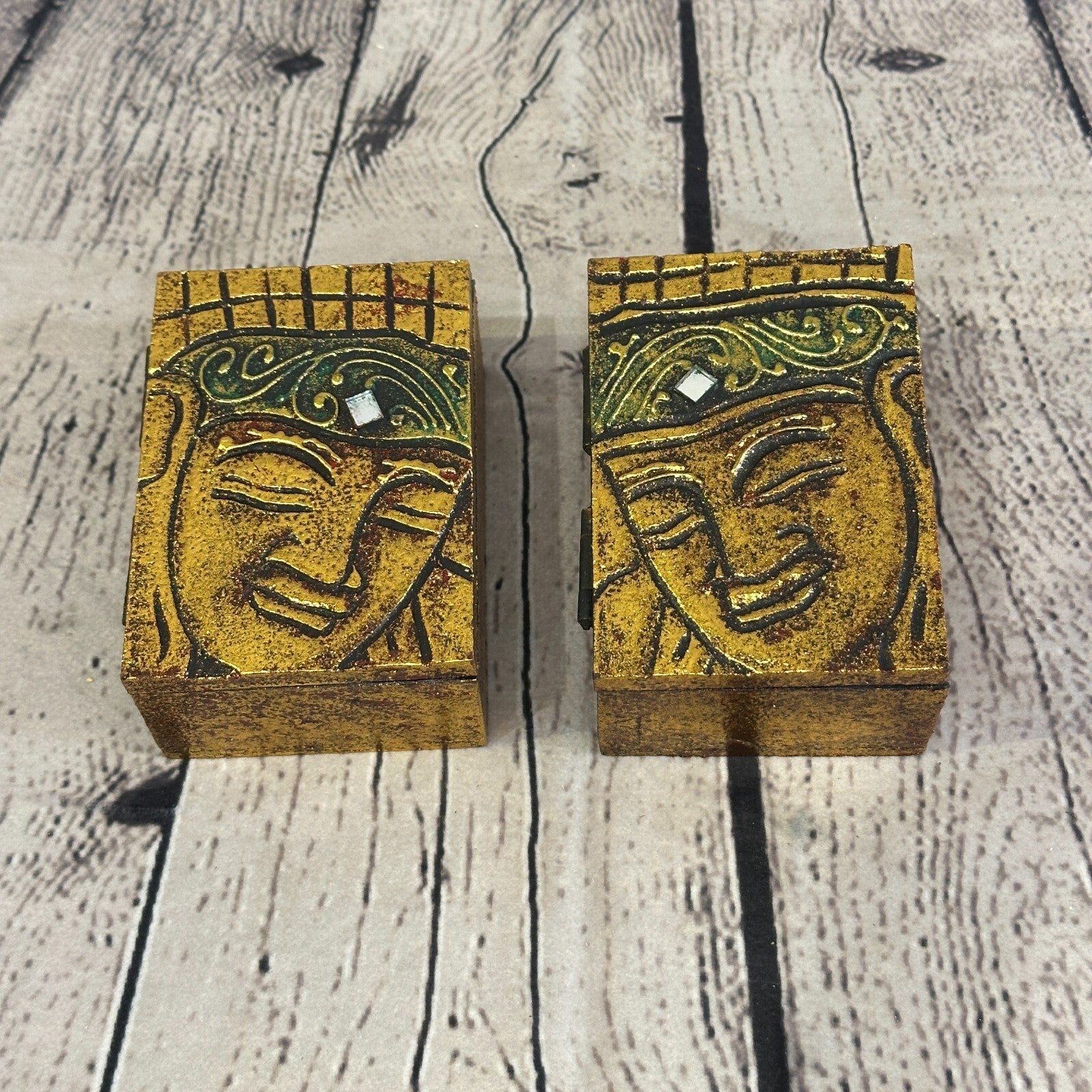 Bright Gold Thai Buddha Head Left 10cm x 7cm x 4cm Wooden Box Trinket Handmade7