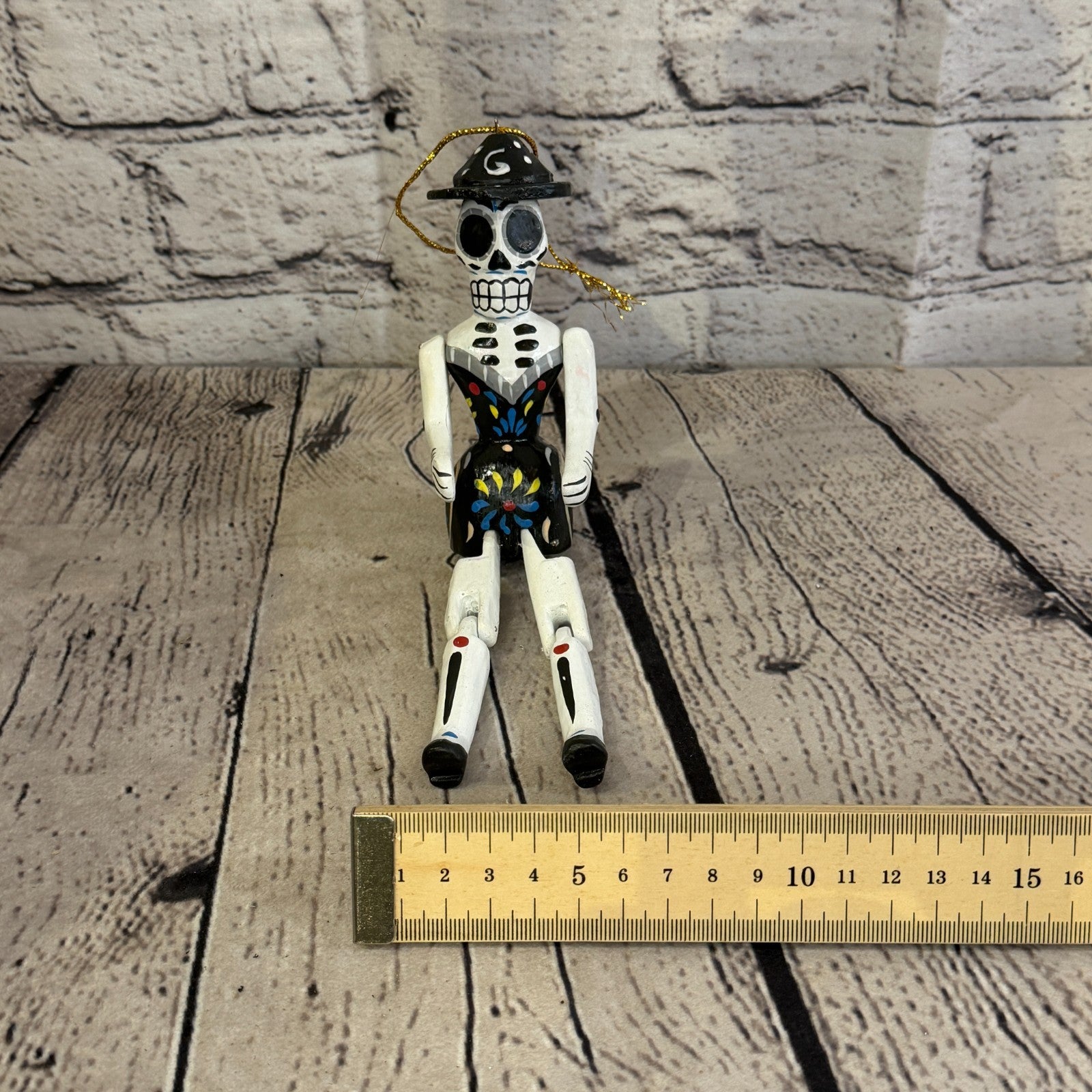 10cm Black Day Of The Dead Lady Sitting Animal, Wooden Shelf Ornament Fairtrade6