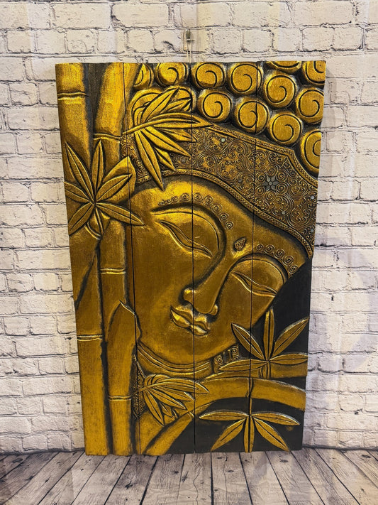 100cm x 60cm Gold Black Buddha Wall Art Plaque Handcarved Wooden Wood Panel0