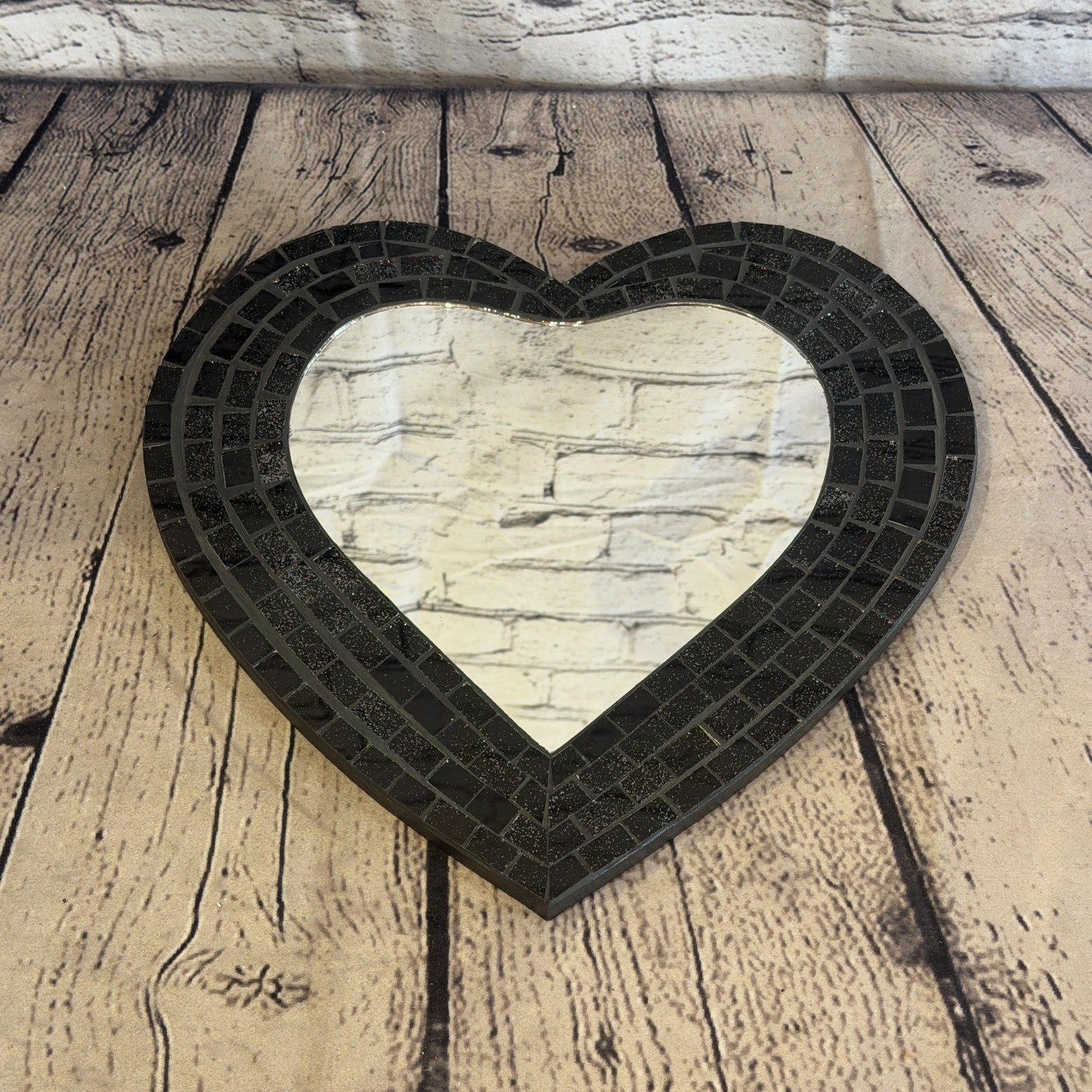 Black Heart Shape Mosaic Tile Wall Mirror 28cm x 25cm 10 Inches Handmade New3