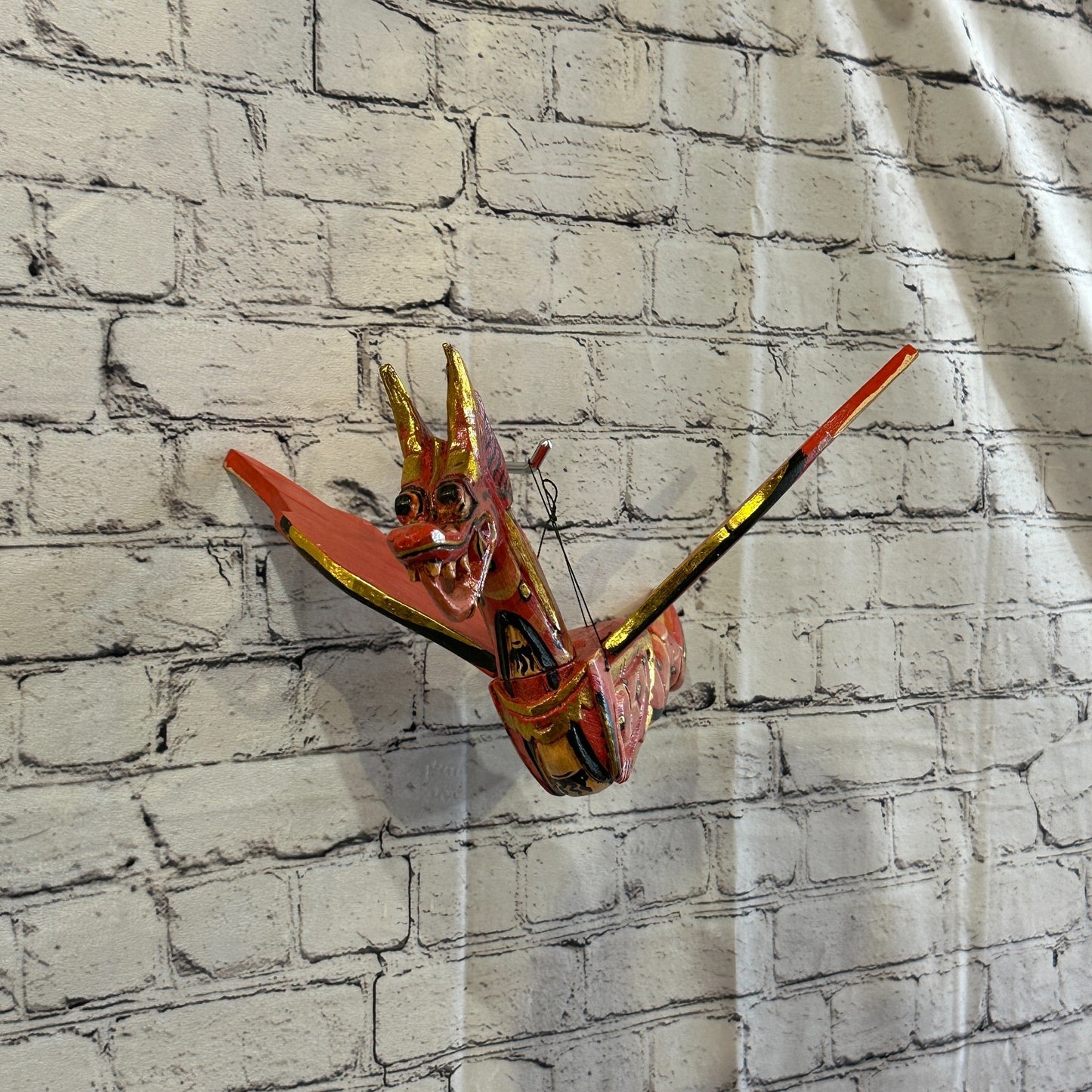 40cm Red Dragon Folk Art Carved Wood Flying Winged Mobile Spirit Chaser Guardian1