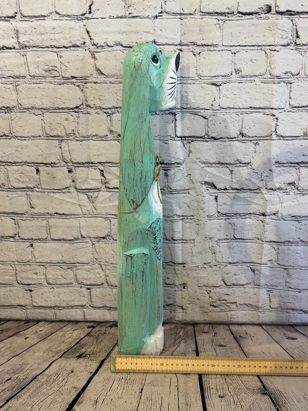 60cm Green Teal Wooden Shabby Dog Statue Ornament Fair Trade Handcarved7