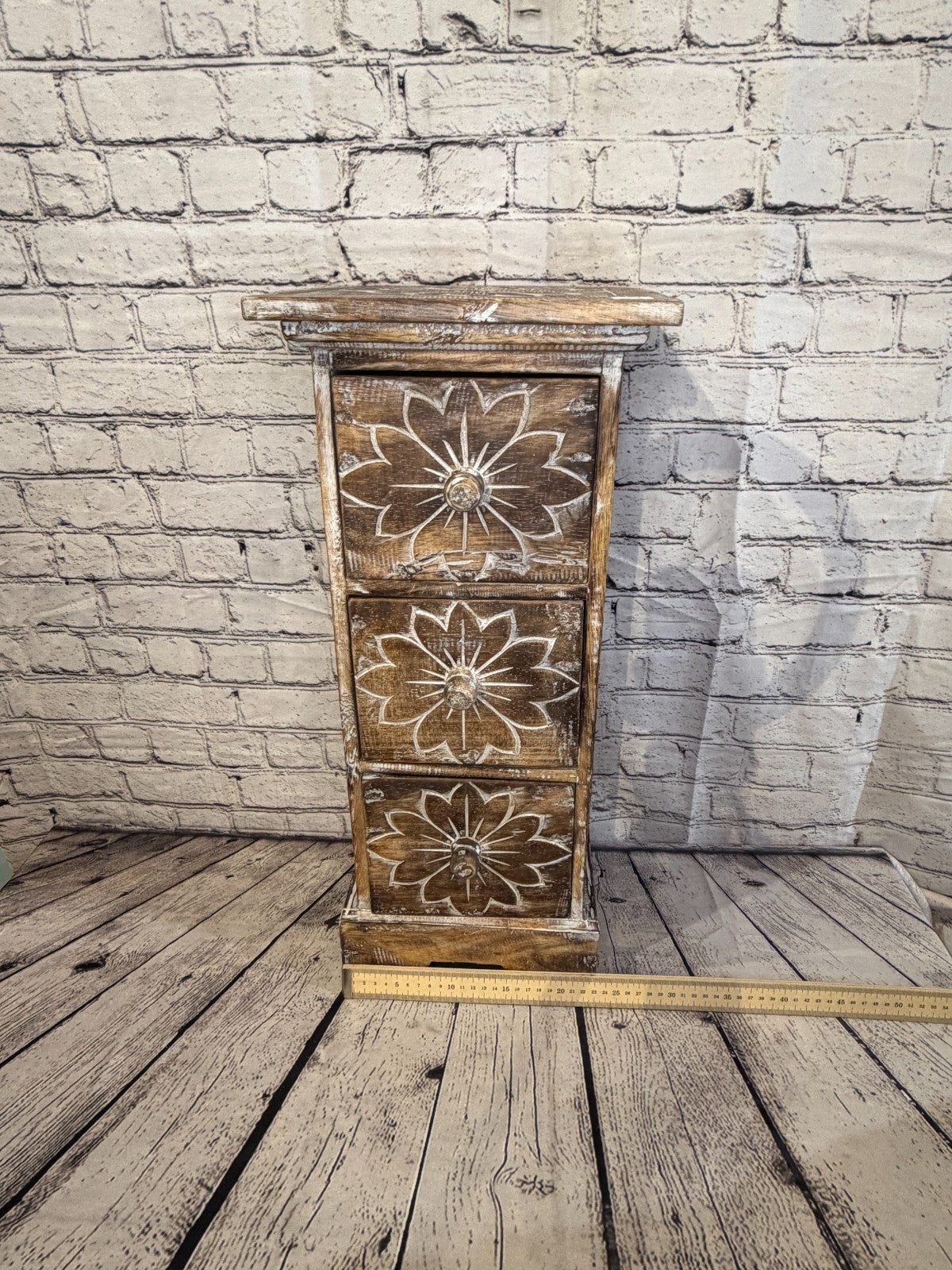 60cm x 25cm Brown 3 Draw Pillar Wooden Side Cabinet Living Storage Furniture8