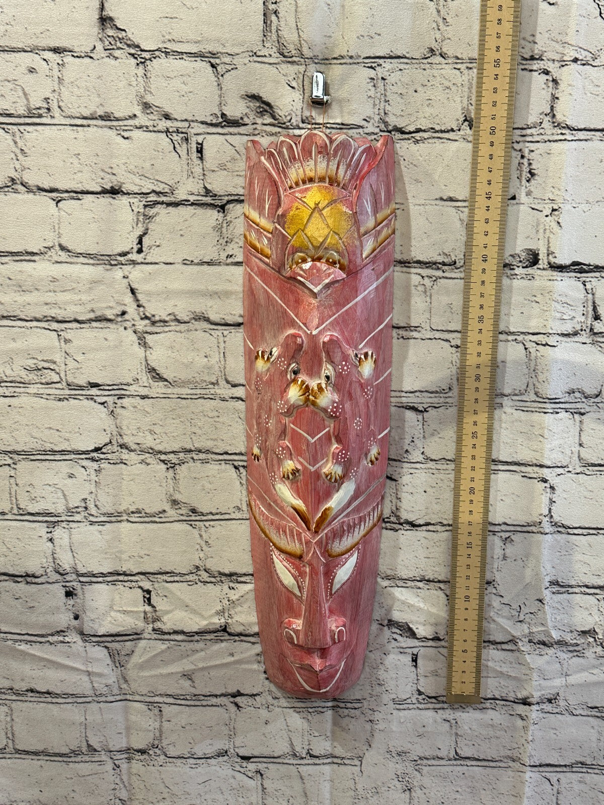50cm Pink Gecko Hand Carved Fair Trade Wooden Animal Wall Art Hang Mask3