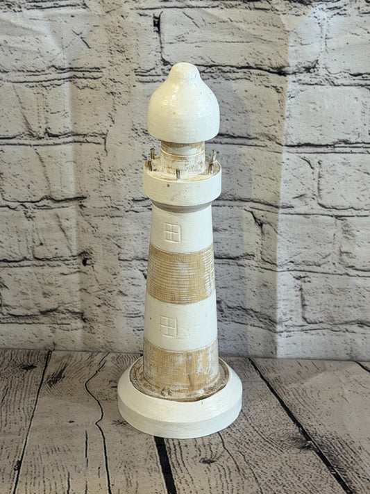 30cm Cream White Wooden Lighthouse Ornament Nautical Coastal Sculpture Statue0