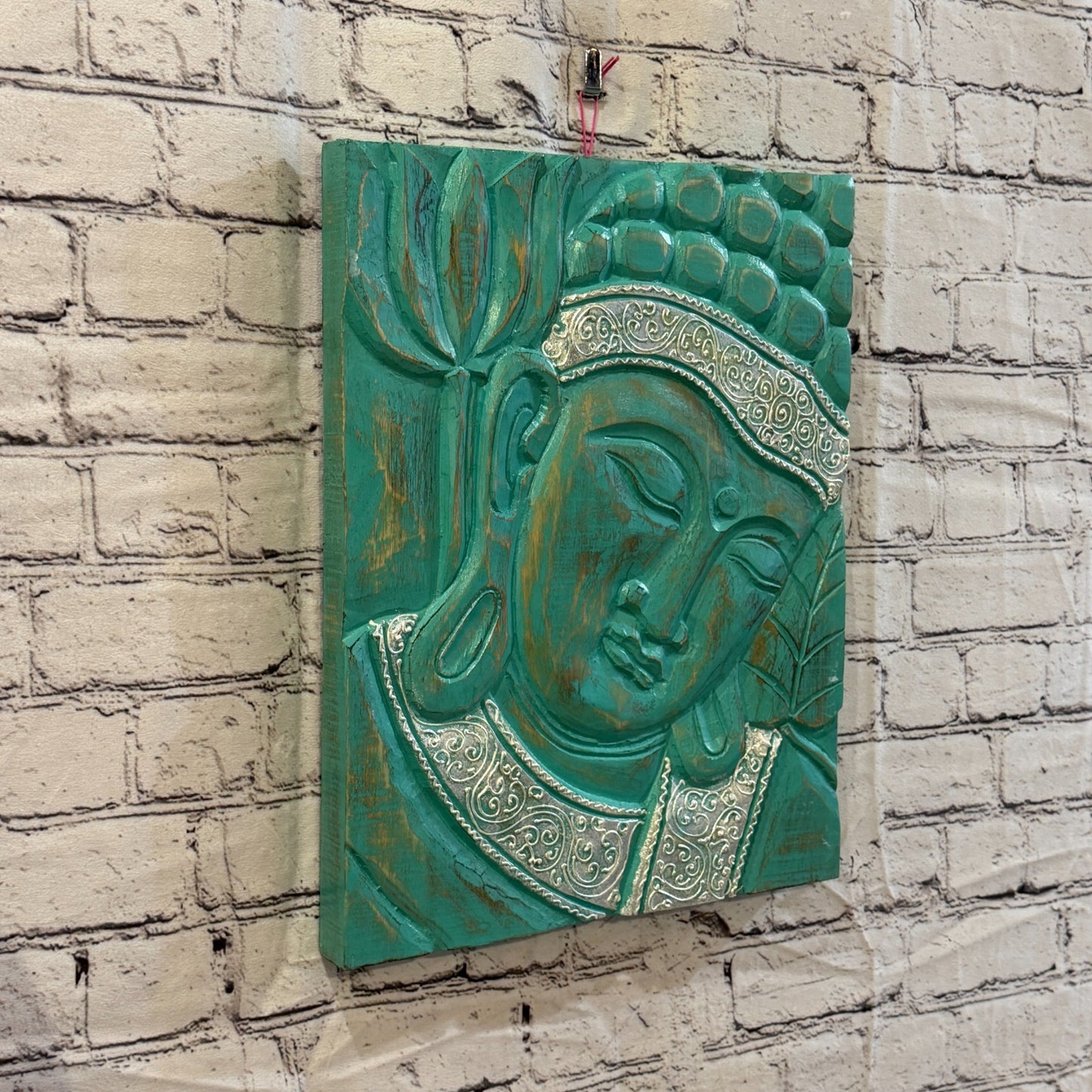 Wooden Wood Panel 40cm Silver Teal Buddha Lotus Wall Art Plaque Handcarved0
