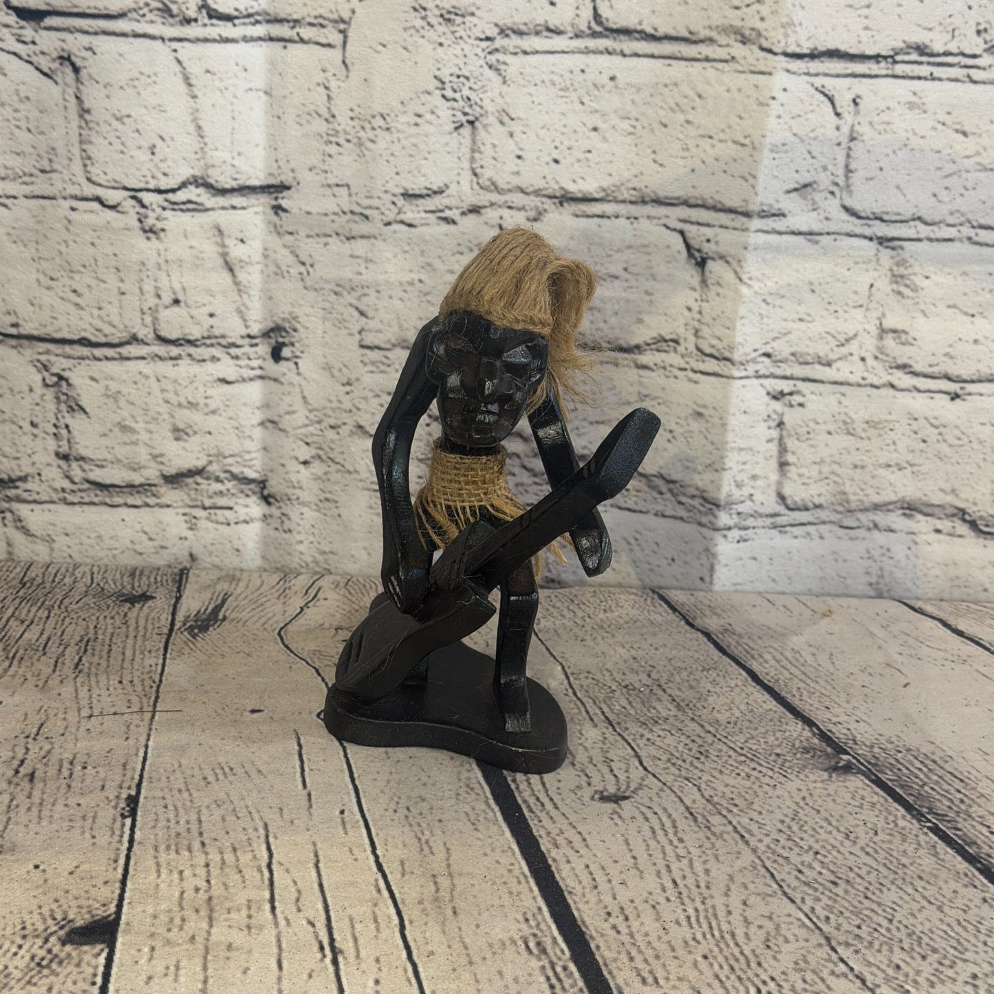 15cm Kneeling Guitar African Tribal Warrior Man Figure Statue Wood Hand Carved1