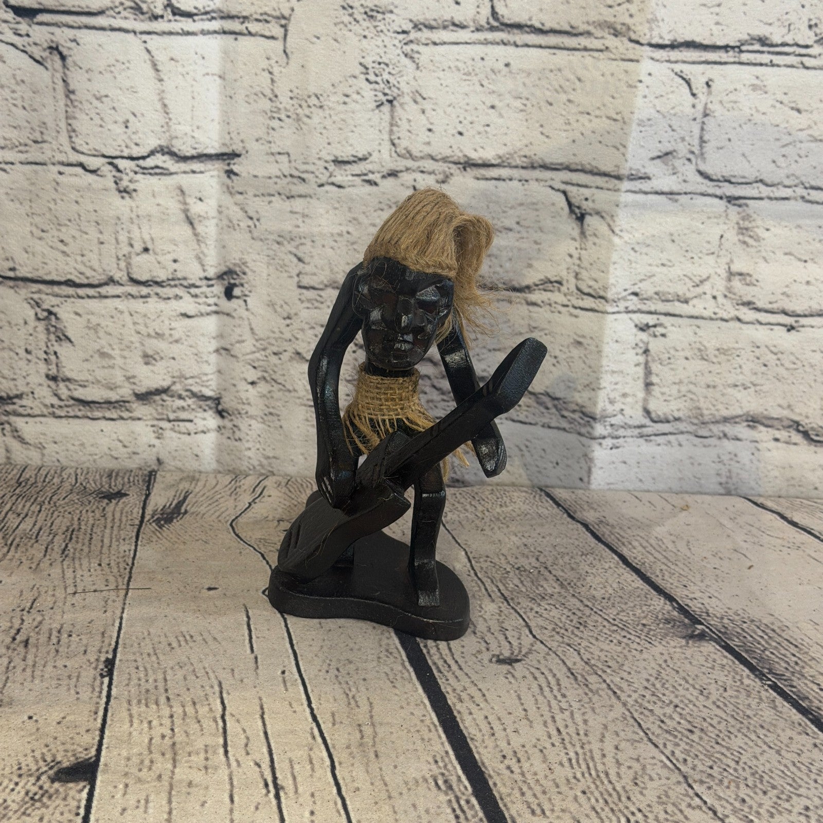 15cm Kneeling Guitar African Tribal Warrior Man Figure Statue Wood Hand Carved1