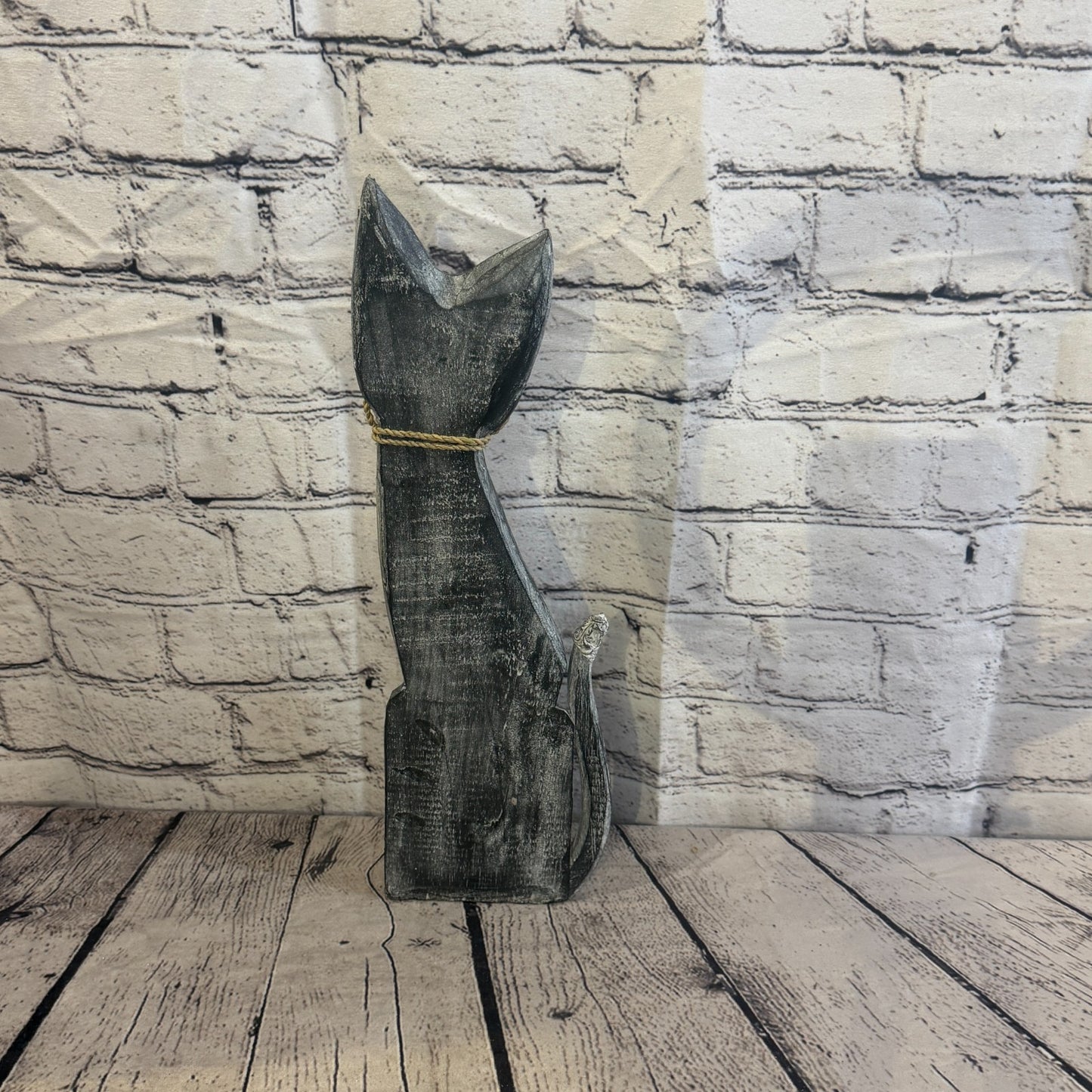 40cm Grey Silver Dots Wooden Shabby Cat Statue Ornament Fair Trade Handcarved4