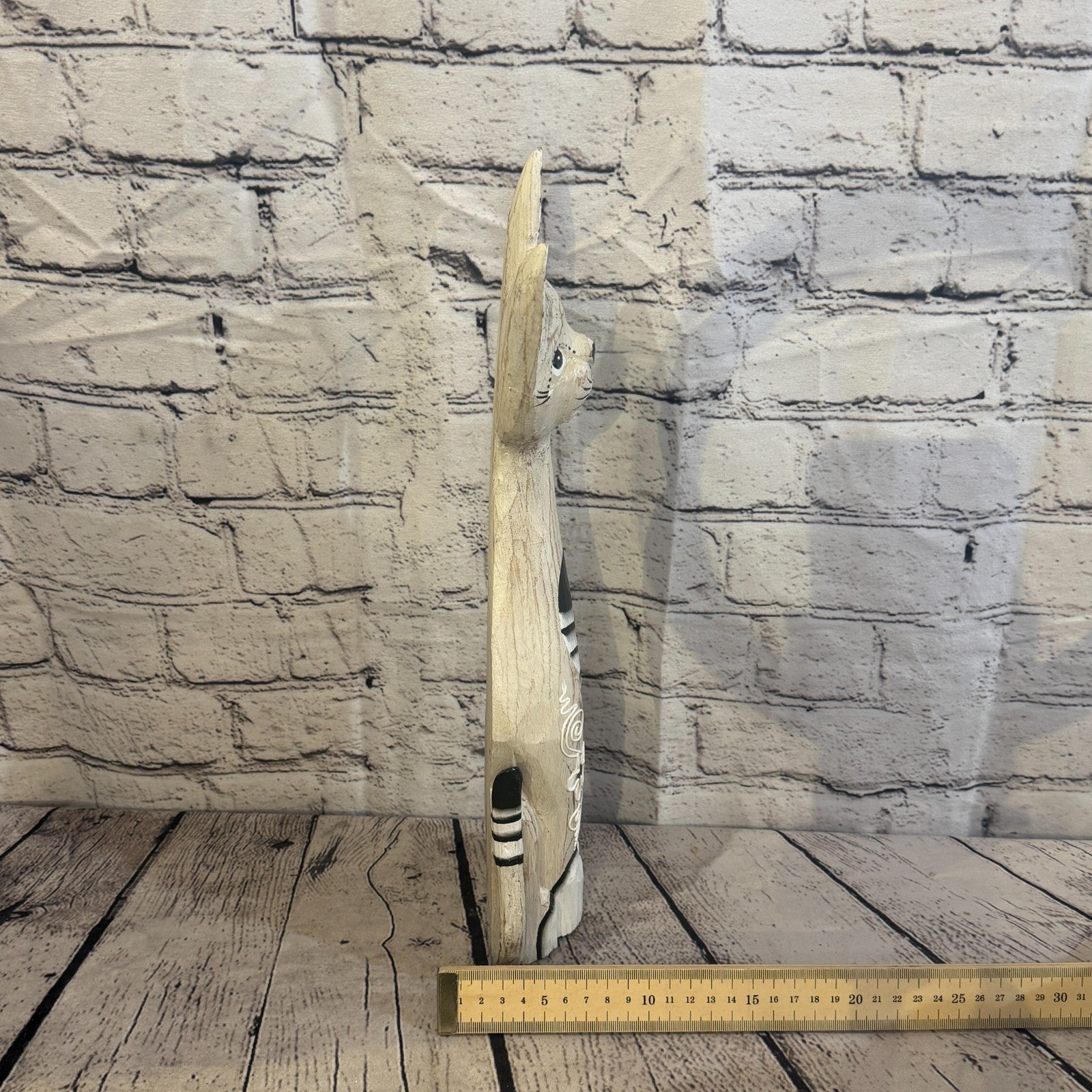 40cm White Flower Wooden Shabby Cat Statue Ornament Fair Trade Handcarved7