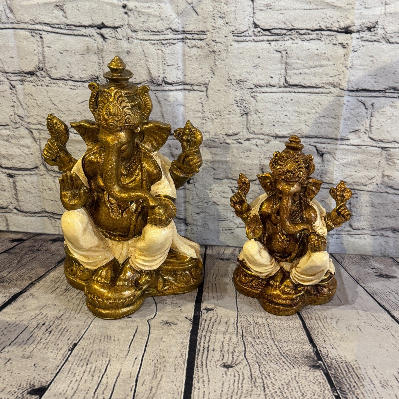 Cream & Bronze 25cm Large Ganesh Ganesa Sitting On Lotus Statue Resin Hindu8