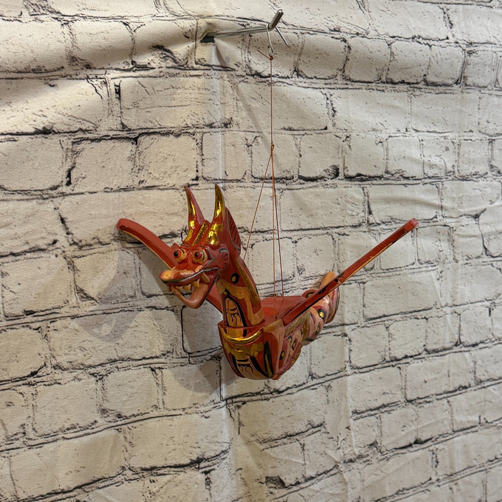 40cm Red Dragon Folk Art Carved Wood Flying Winged Mobile Spirit Guardian1
